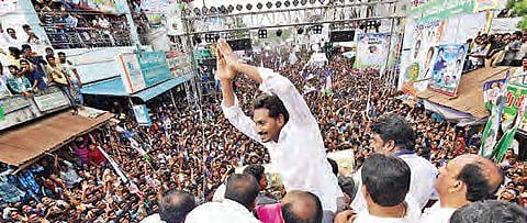 YSRC chief YS Jaganmohan Reddy during his Praja Sankalpa Yatra in Amalapuram and Mummidivaram constituencies of East Godavari district on Saturday | Express