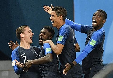 France's Samuel Umtiti, Antoine Griezmann, Raphael Varane and Paul Pogba celebrate goal against Belgium in the semifinal match | AP