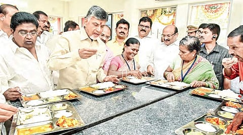 CM N Chandrababu Naidu having food after inaugurating Anna Canteen at Bhavanipuram in Vijayawada on Wednesday | Express
