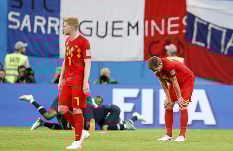 In Caption: Belgium's Jan Vertonghen, right, and Belgium's Kevin De Bruyne stand at the end of the semifinal match. | (AP)