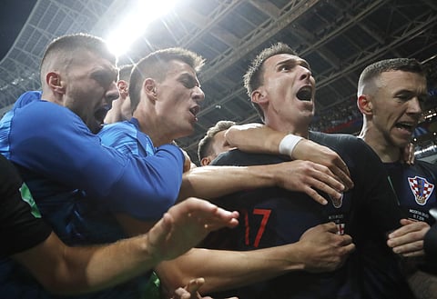 Croatia's Mario Mandzukic, second right, celebrates after scoring his side's second goal during the semifinal match between Croatia and England at the 2018 soccer World Cup in the Luzhniki Stadium in Moscow, Russia, Wednesday, July 11, 2018. | AP