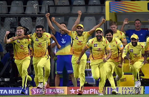 Chennai Super Kings players celebrate their win against Sunrisers Hyderabad in the IPL 2018 final cricket match in Mumbai. | PTI File Photo