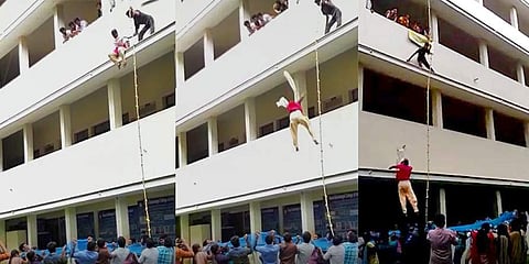 A screengrab from the video shows the disaster management trainer pushing Logeshwari from the second floor of the Coimbatore college.