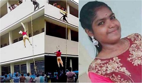 (L-R) In this screengrab from a video, Logeshwari is seen being forced to jump from the second floor of her college in Coimbatore during a mock drill; Deceased Logeshwari.