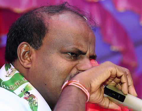 Karnataka Chief Minister H D Kumaraswamy in tears on June 14, 2018. (Photo | PTI)
