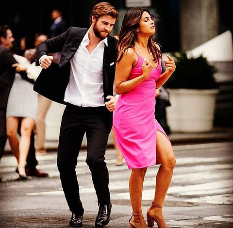 Priyanka Chopra and Liam Hemsworth shooting for 'Hollywood film 'Isn't It Romantic'. (Photo | Twitter)