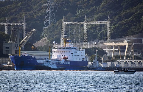 The Pacific Egret cargo vessel carrying a mixture of plutonium and uranium fuel, arrives at Takahama nuclear power plant in Takahama (Photo | AP)