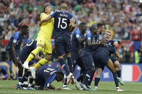 French players celebrate winning the final match against Croatia at the 2018 soccer World Cup in the Luzhniki Stadium in Moscow, Russia. France won the final 4-2. (Photo | AP)