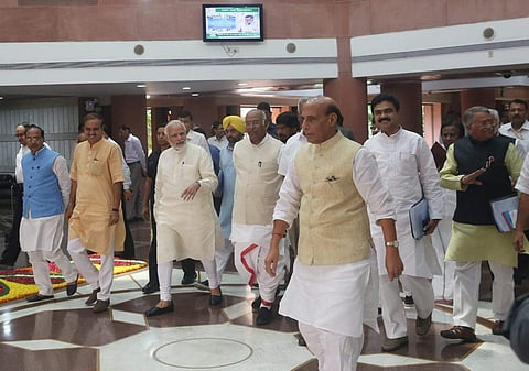 Prime Minister Narendra Modi, Congress leader Mallikarjun Kharge,  Home Minister Rajnath singh, CPI leader D. Raja, Anant Kumar and others after the All party meeting at Parliament house in New Delhi on Tuesday. | (Shekhar Yadav | EPS)