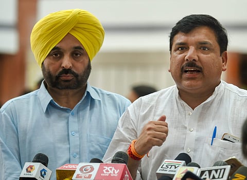 AAP leaders Sanjay Singh and Bhagwant Mann address the media after at an all-party meeting in New Delhi on Tuesday July 17 2018. | PTI