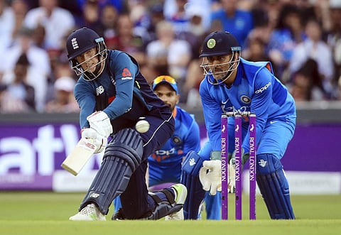 England's Joe Root sweeps during the third One Day international against India, at Headingley in Leeds. | AP