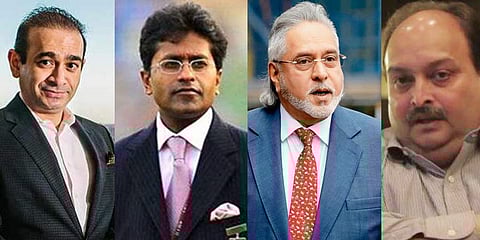 (From left) Absconding billionaire Nirav Modi, Former IPL commissioner Lalit Modi, Embattled liquor baron Vijay Malya, Gitanjali Group owner Mehul Choksi (File Photos | PTI)