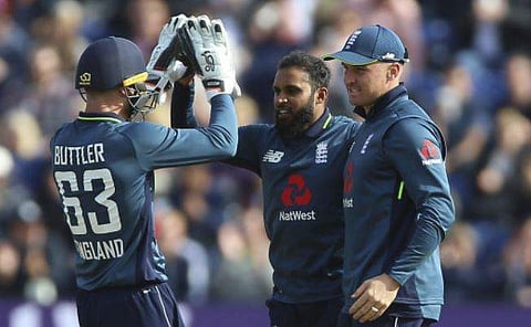 England's Adil Rashid, center, is the leading England wicket-taker in the series with 11 dismissals. (File | AP)