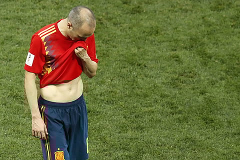 Spain's Andres Iniesta leaves the pitch after the round of 16 match between Spain and Russia at the 2018 FIFA World Cup at the Luzhniki Stadium in Moscow, Russia. (Photo | AP)