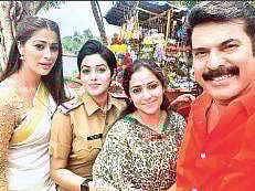 Raai Laxmi, Shamna Kasim, Anu Sithara, and Mammootty on set