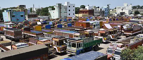 The lorries parked at CMDA truck terminus following nationwide strike against the fuel hike on June 20, 2018 in Chennai. (Photo | P Jawahar/EPS)