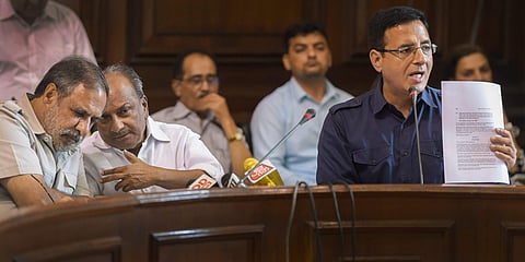 Former defence minister AK Antony with Congress leaders Anand Sharma and Randeep Surjewala at a press conference regarding the Rafael deal at Parliament House in New Delhi on Monday July 23 2018. (File Photo | PTI)