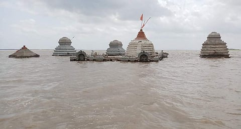 Sangameswara Temple which submerges in floodwaters every year in Kurnool district on Monday | EPS