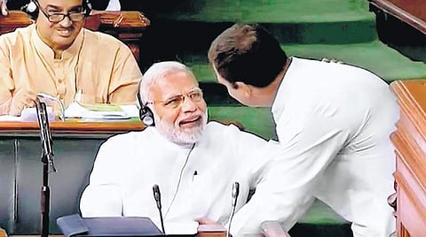 Rahul Gandhi and Narendra Modi in Parliament during the No Confidence debate