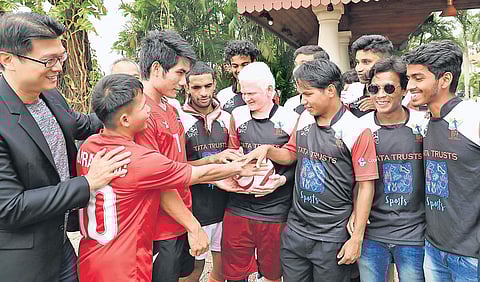 Blind football players during a training session organised as part of the combined training session of Indian Blind Football Federation and Thailand Blind National Football team in Kochi on Wednesday | Melton Antony