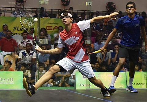 Pakistan player Harris Qasim smashes the ball during a match against Rahul Baitha at the WSF World Junior Squash Championships 2018 Pre-Quarterfinals on Thursday in Chennai. (Photo | P Jawahar/EPS) 