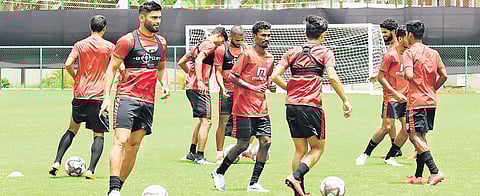Kerala Blasters FC defender Anas Edathodika (front left) during a training session in Kochi. (File | EPS/Melton Antony)
