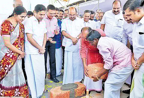 Union Minister of State for Tourism Alphons Kannanthanam laying the foundation stone for the International Cruise Terminal. K V Thomas MP, Hibi Eden MLA, K J Maxi MLA, Mayor Soumini Jain and Cochin Port Trust chairman A V Ramana are also seen