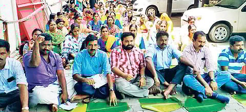Teachers staging protest in front of the Directorate of Higher Secondary Education office in T’Puram on Saturday | Express