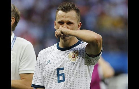 Russia's Denis Cheryshev celebrates after winning by penalty shootout the round of 16 match between Spain and Russia at the 2018 soccer World Cup at the Luzhniki Stadium in Moscow. | AP