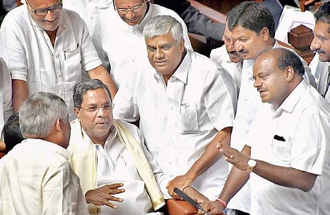 Former CM Siddaramaiah with CM H D Kuamraswamy and others during the joint session of the state Legislature in Bengaluru on Monday | Nagaraja Gadekal