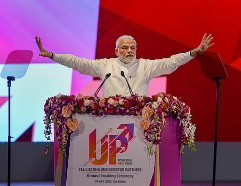 Prime Minister Narendra Modi speaks during a ground breaking ceremony to launch various projects worth 60 000 crore rupees at Indira Gandhi Pratishthan in Lucknow on Sunday July 29 2018. | PTI