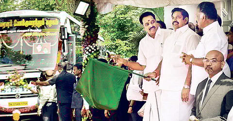 Chief Minister Edappadi K Palaniswami, Deputy Chief Minister O Panneerselvam and Transport Minister M R Vijayabaskar flag off 515 new buses at the Secretariat in Chennai on Tuesday; (inset) interiors of the new AC sleeper bus | SAMPATH KUMAR