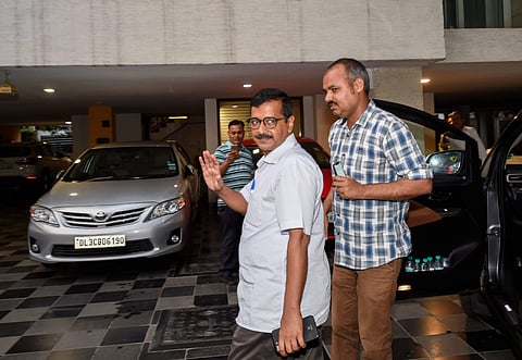 Delhi Chief Minister Arvind Kejriwal arrives a Congress leader P. Chidambaram residence at Jor Bagh in New Delhi on Wednesday July 04 2018. | PTI
