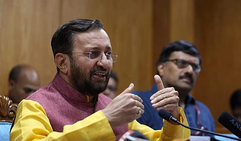 Union Human Resource Development minister Prakash Javadekar addressing a press conference on National Testing Agency in New Delhi. (Photo | EPS/Shekhar Yadav)