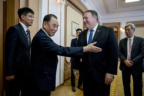 US Secretary of State Mike Pompeo, greets Kim Yong Chol,North Korean senior ruling party official and former intelligence chief, as they arrive for a meeting at the Park Hwa Guest House in Pyongyang, North Korea. (Photo | AP)