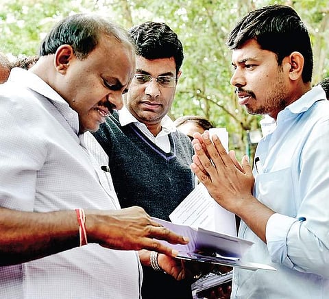 Chief Minister Kumaraswamy during Janata Darshan in Bengaluru on Saturday