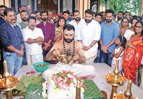 From left: Tomichan Mulakupadam, Pranav Mohanlal, Suchitra Mohanlal, Arun Gopy, Mohanlal, and Asif Ali  A Sanesh