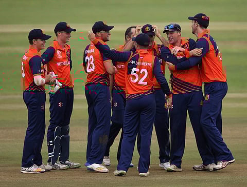 Netherlands celebrate their win over Nepal. (Photo | Twitter | ICC)