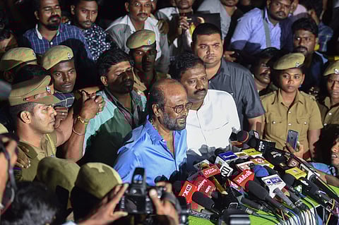 Actor Rajinikanth addresses the media after visiting the ailing DMK president M Karunanidhi at the Kauvery Hospital in Chennai on Tuesday July 31 2018. | PTI