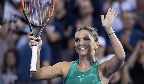 Simona Halep, of Romania, celebrates her victory over Caroline Garcia, of France, during the Rogers Cup women’s tennis tournament in Montreal. (Photo | AP)