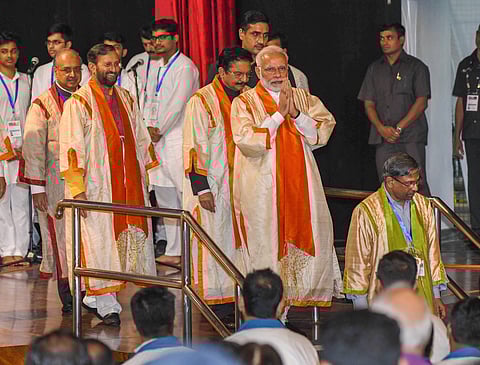 PM Narendra Modi during the 56th annual convocation of the Indian Institute of Technology Bombay in Mumbai on August 11 2018. Governor of Maharashtra C Vidyasagar Rao and Union Minister for Human Resource Development Prakash Javadekar are also seen. (Phot