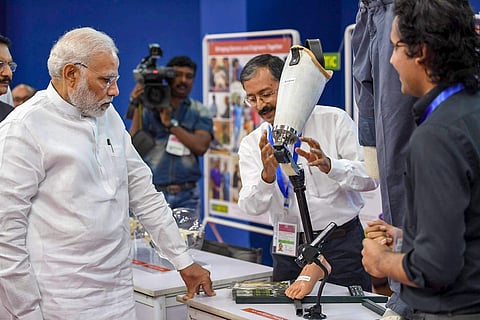 Prime Minister Narendra Modi visits an exhibition at the Indian Institute of Technology Bombay in Mumbai on Saturday August 11 2018. | PTI