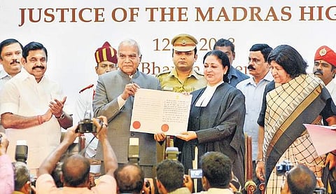 Justice Vijaya Kamlesh Tahilramani was sworn in as Chief Justice of the Madras High Court by Governor Banwarilal Purohit at a function held at Raj Bhavan in Chennai on Sunday; CM Edappadi K Palaniswami and former HC Chief Justice Indira Banerjee are also 