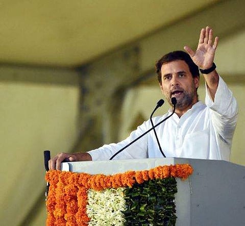 Congress President Rahul Gandhi at a public meeting in Serilingampally, in Hyderabad on 13 August 2018. (Photo | R Satish Babu/EPS)