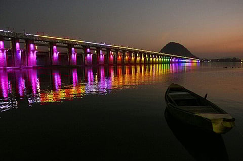The illuminated Prakasam barrage on the occasion of 60 years of barrage in Vijayawada. (Photo|P Ravindra Babu/EPS)
