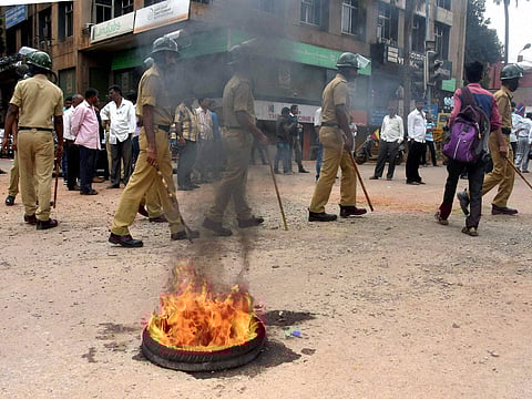 A file photo of violent protests in Karnataka's Hubli demanding for Mahadayi water allocation to the state. (Photo | File/PTI)