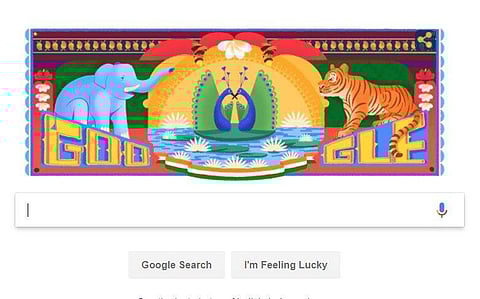 The doodle features a couple of peacocks crossing their beaks at the centre and the national birds are flanked on both sides by a Bengal tiger and an elephant.