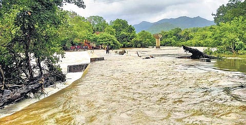 The submerged Mundanthurai iron bridge in Tirunelveli.