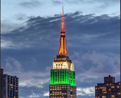 Empire State building lit-up in Tri-Colour. (Photo | Twitter/Empire State Building Official Page)