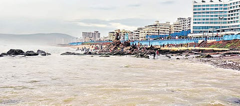 Sea water seen inching closer to the coast near RK beach in Visakhapatnam | G satyanarayana